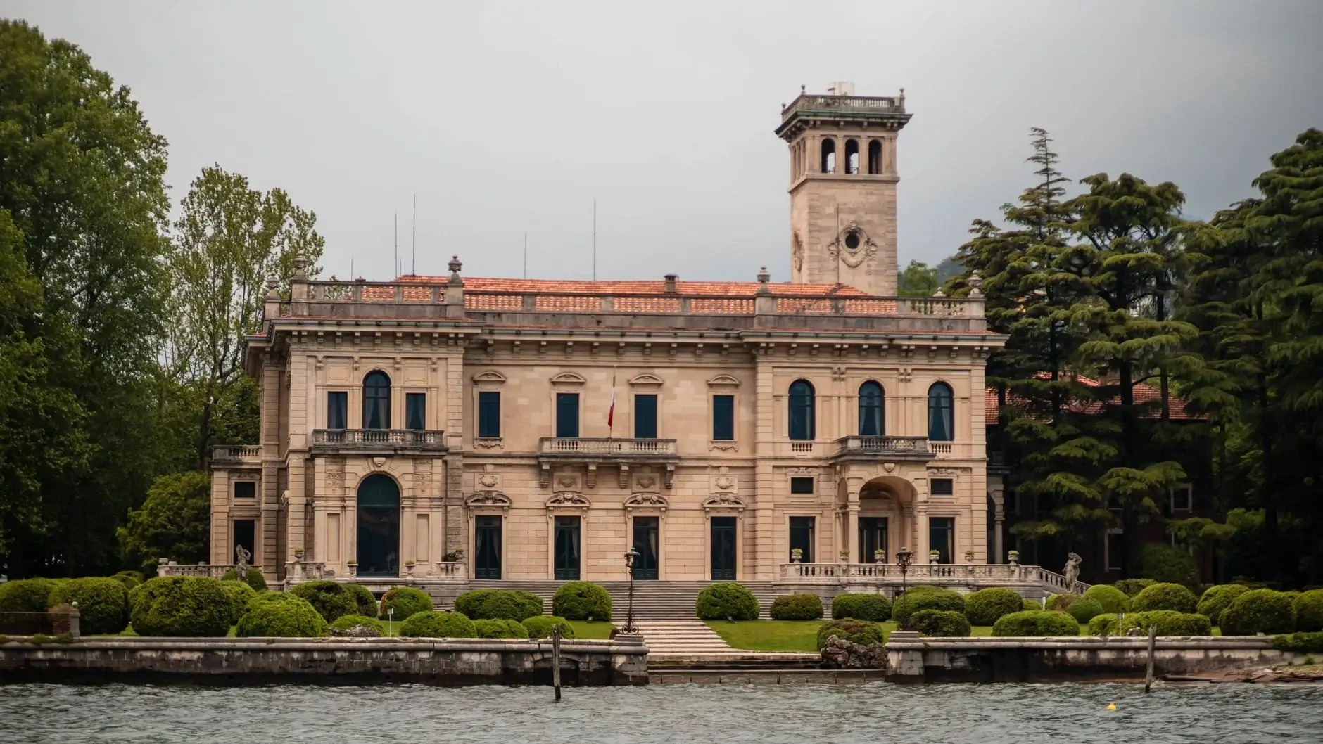 Stunning view of classical Villa Erba, a landmark on Lake Como, Italy.