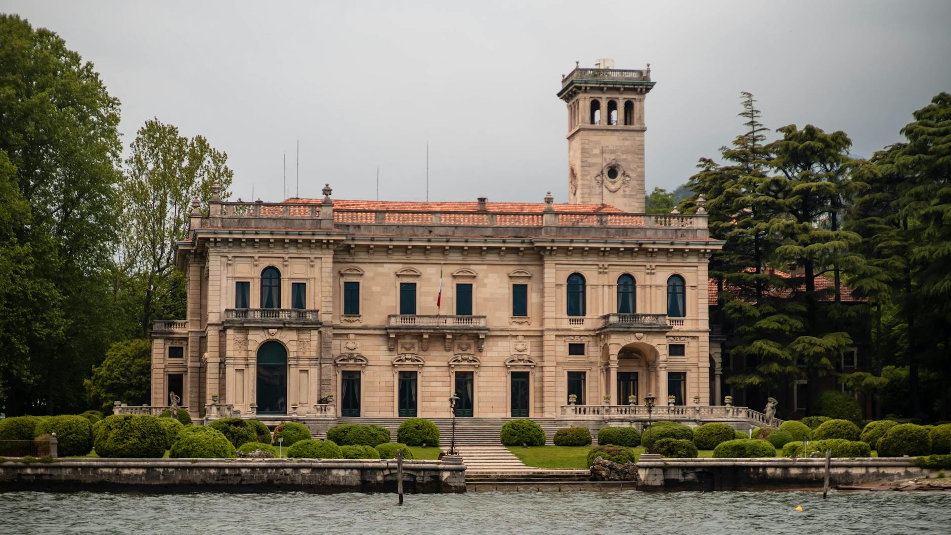 Stunning view of classical Villa Erba, a landmark on Lake Como, Italy.