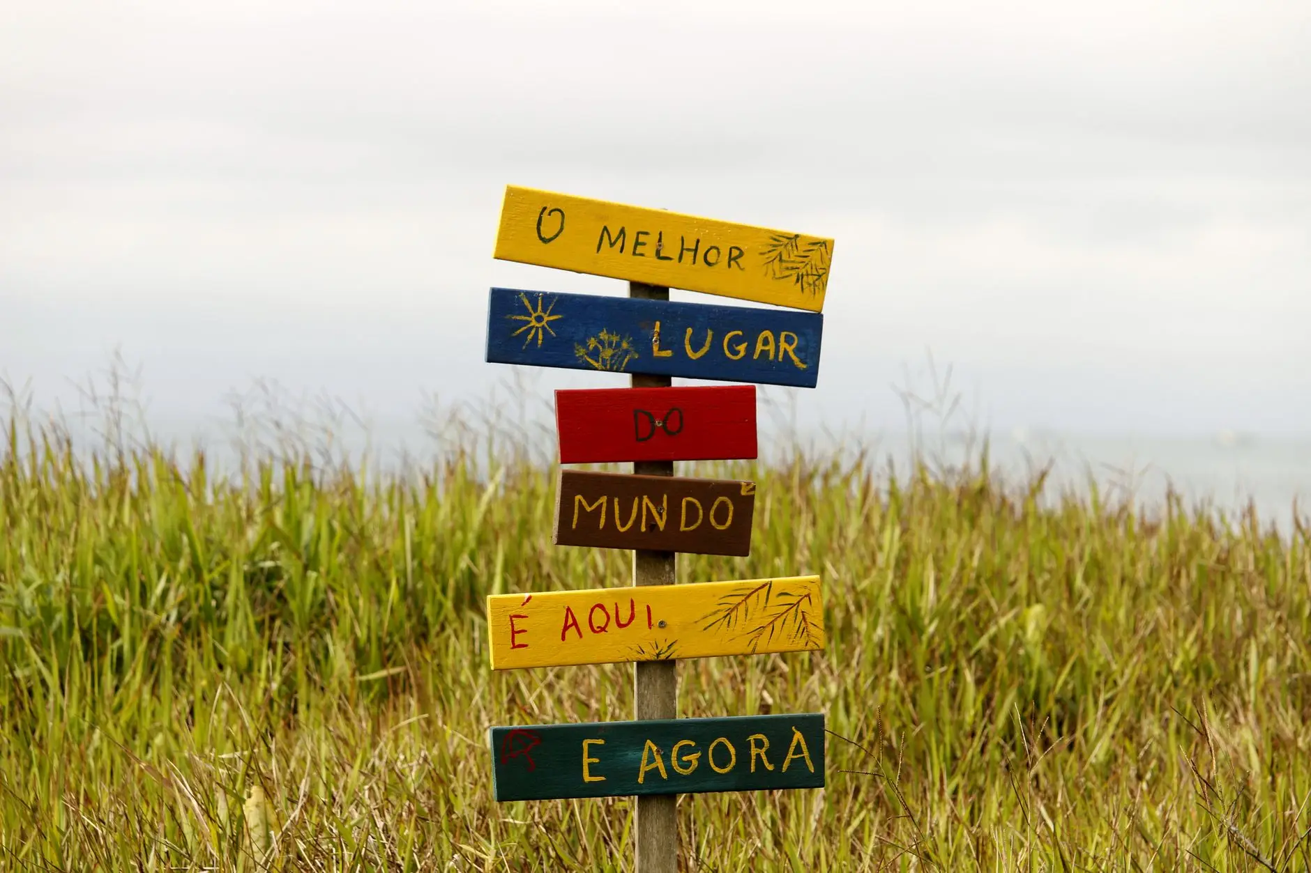 Vibrant multilingual sign in a grassy field in Guaratuba, Paraná, Brazil, showcasing local charm.