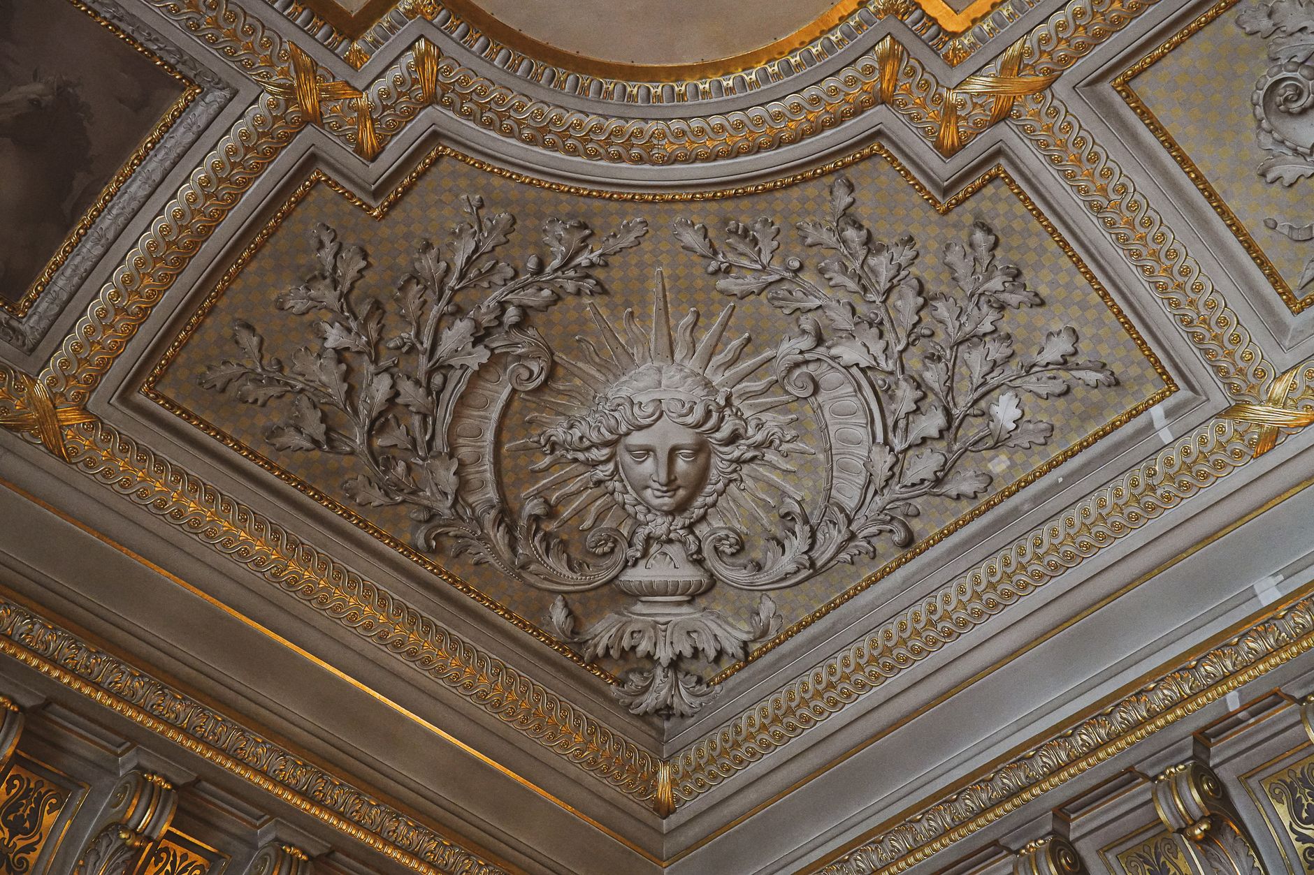 Intricate baroque ceiling design with ornate gold and historical motifs in a French castle.