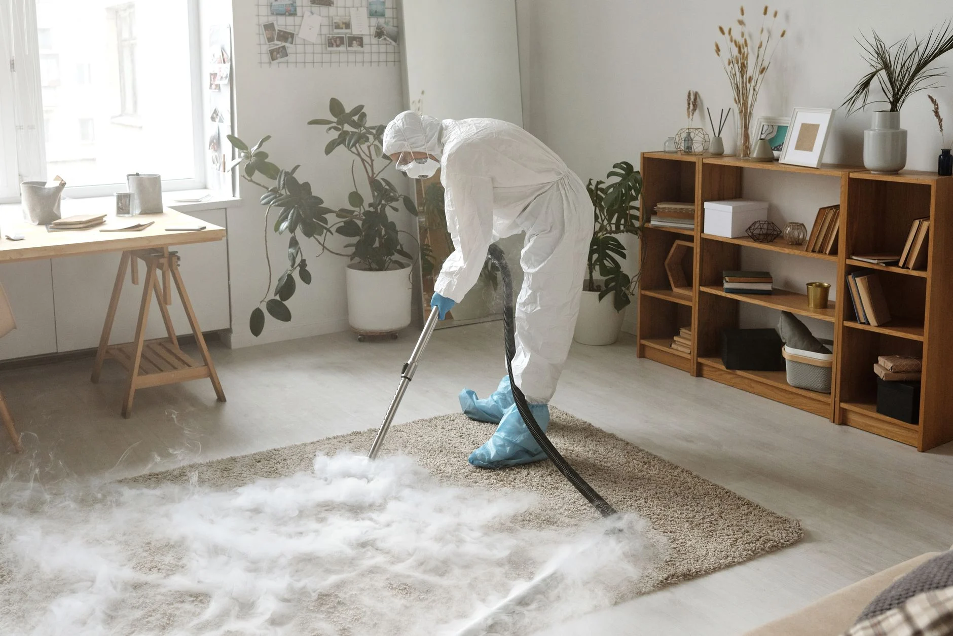 A woman in protective gear disinfects a carpet indoors to ensure safety during the COVID-19 pandemic.