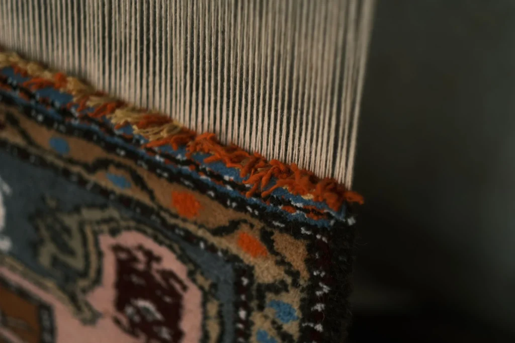 Detailed close-up of a colorful woven rug showcasing intricate patterns and tassels.