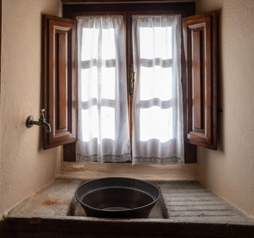 Rustic kitchen setting featuring a stone sink beneath a wooden window with lace curtains.