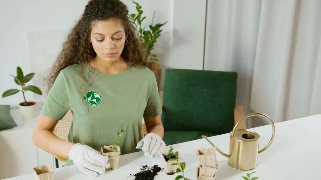 Woman engaged in indoor gardening with houseplants, promoting eco-friendly lifestyle.