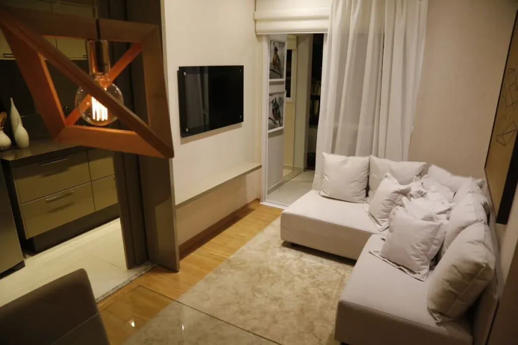Stylish living room with elegant decor, featuring a cozy couch and modern lighting.